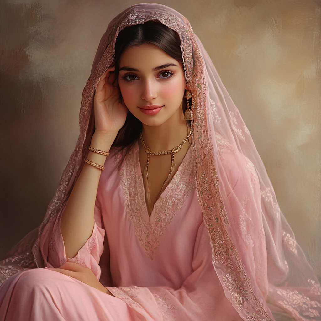 A Serene Moroccan Woman in Pink Traditional Attire