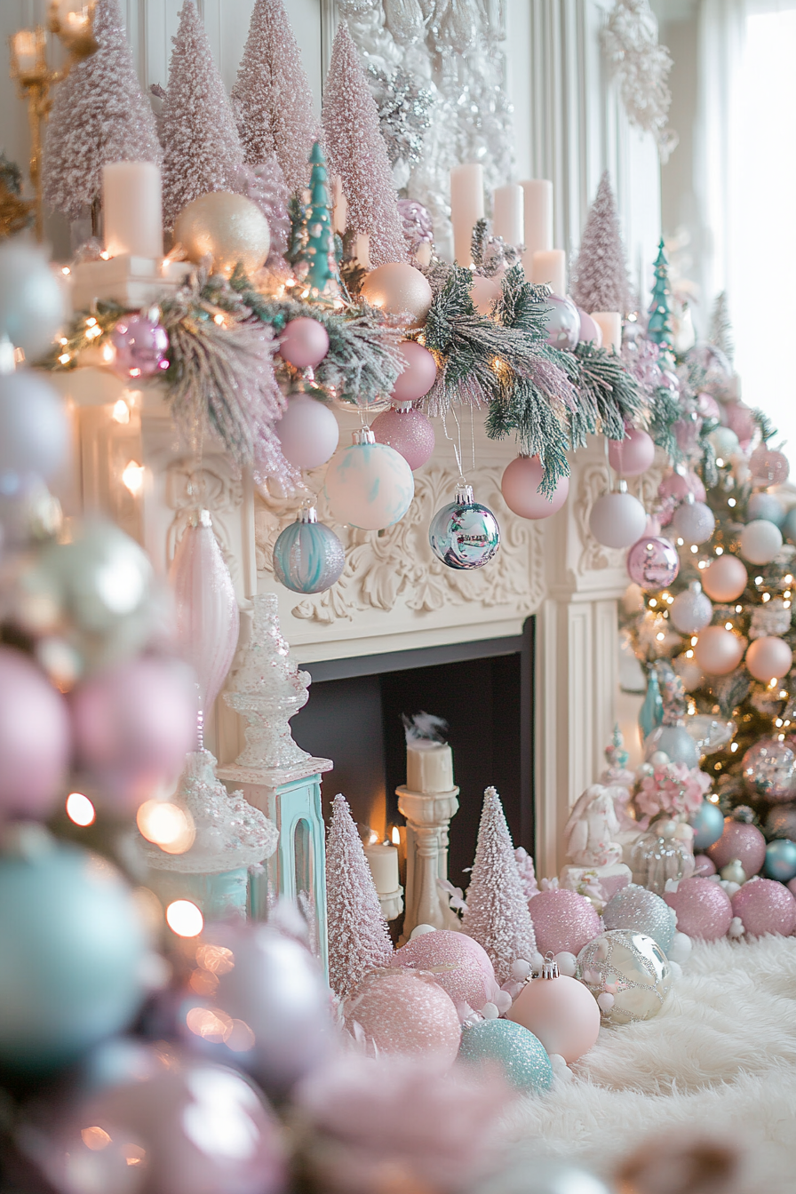 A Serene Pastel Christmas Fireplace Mantle