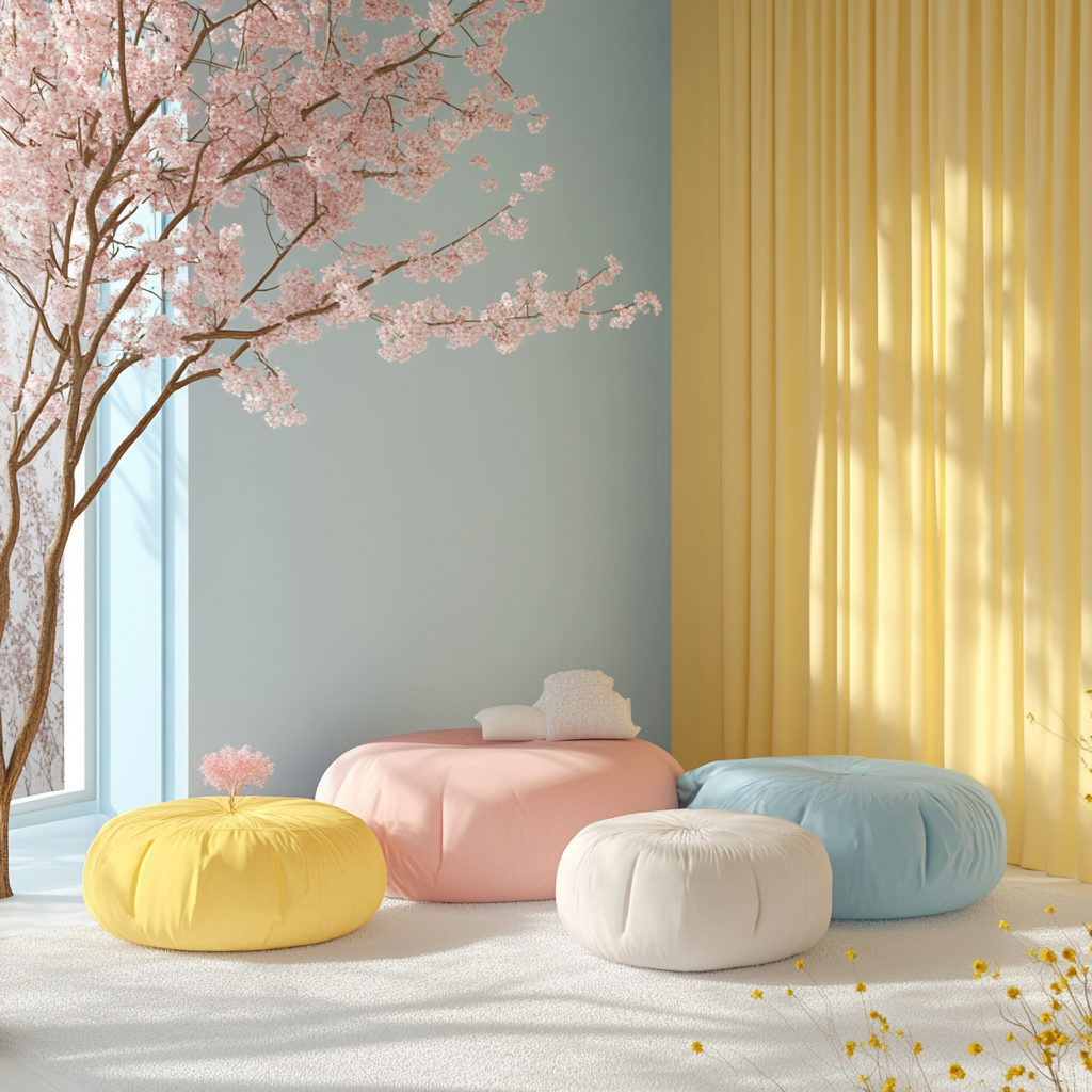 A Serene Pastel Room with Cherry Branch Decoration.