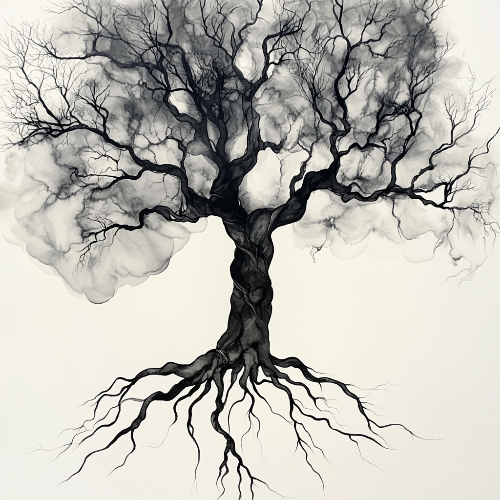 A Serene Tree of Life in Ink Wash