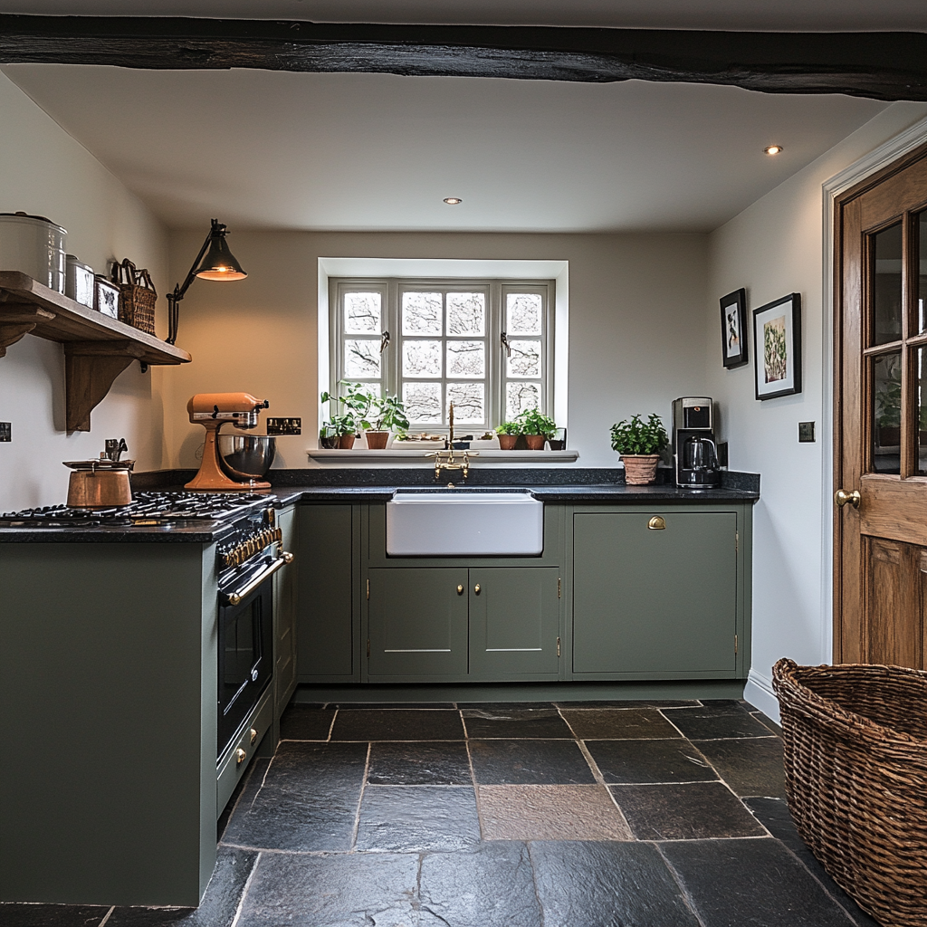 A Shaker kitchen with sage green cabinets