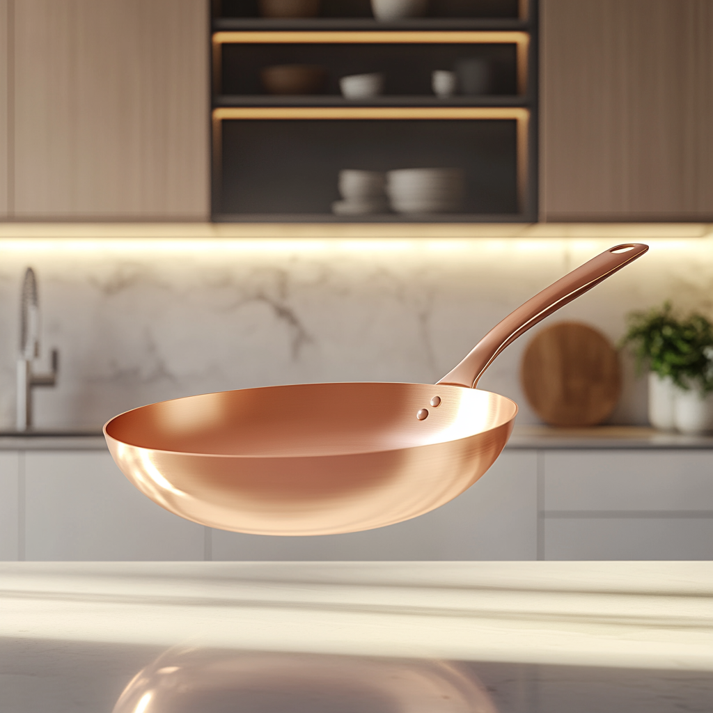 A Shiny Copper Pan in Elegant Kitchen Scene.