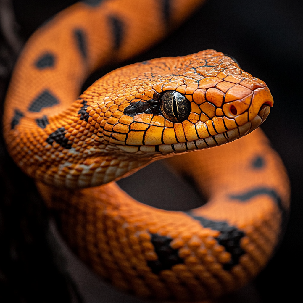 A Shiny Snake with Black Markings Slithering Forward