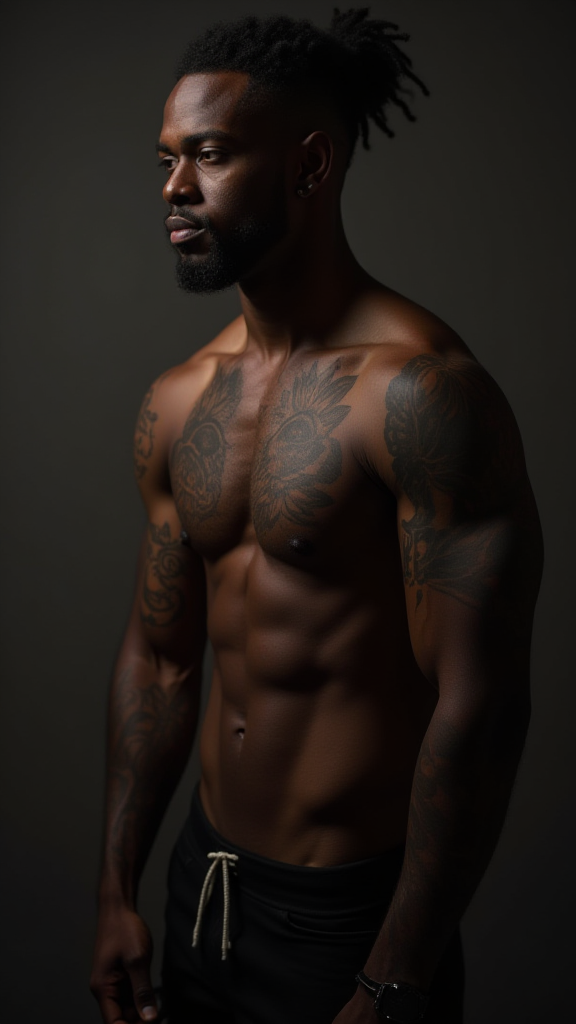 A Shirtless Tattooed Black Man