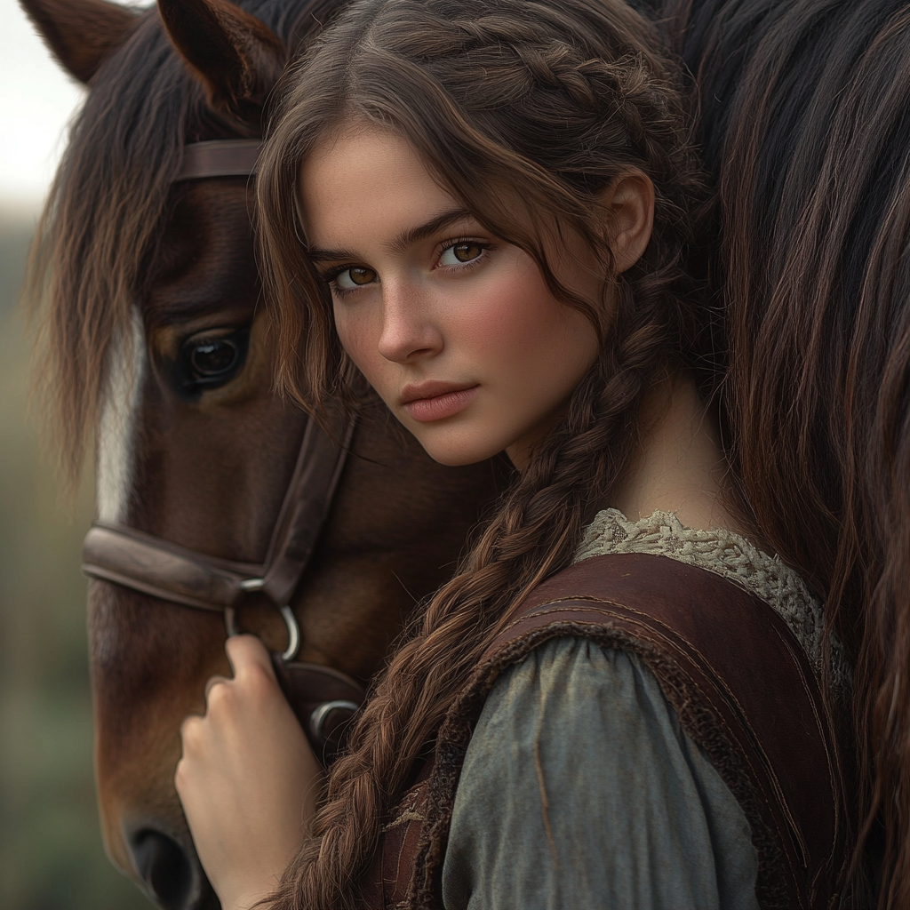 A Shy Medieval Woman with Brown Hair and Horse