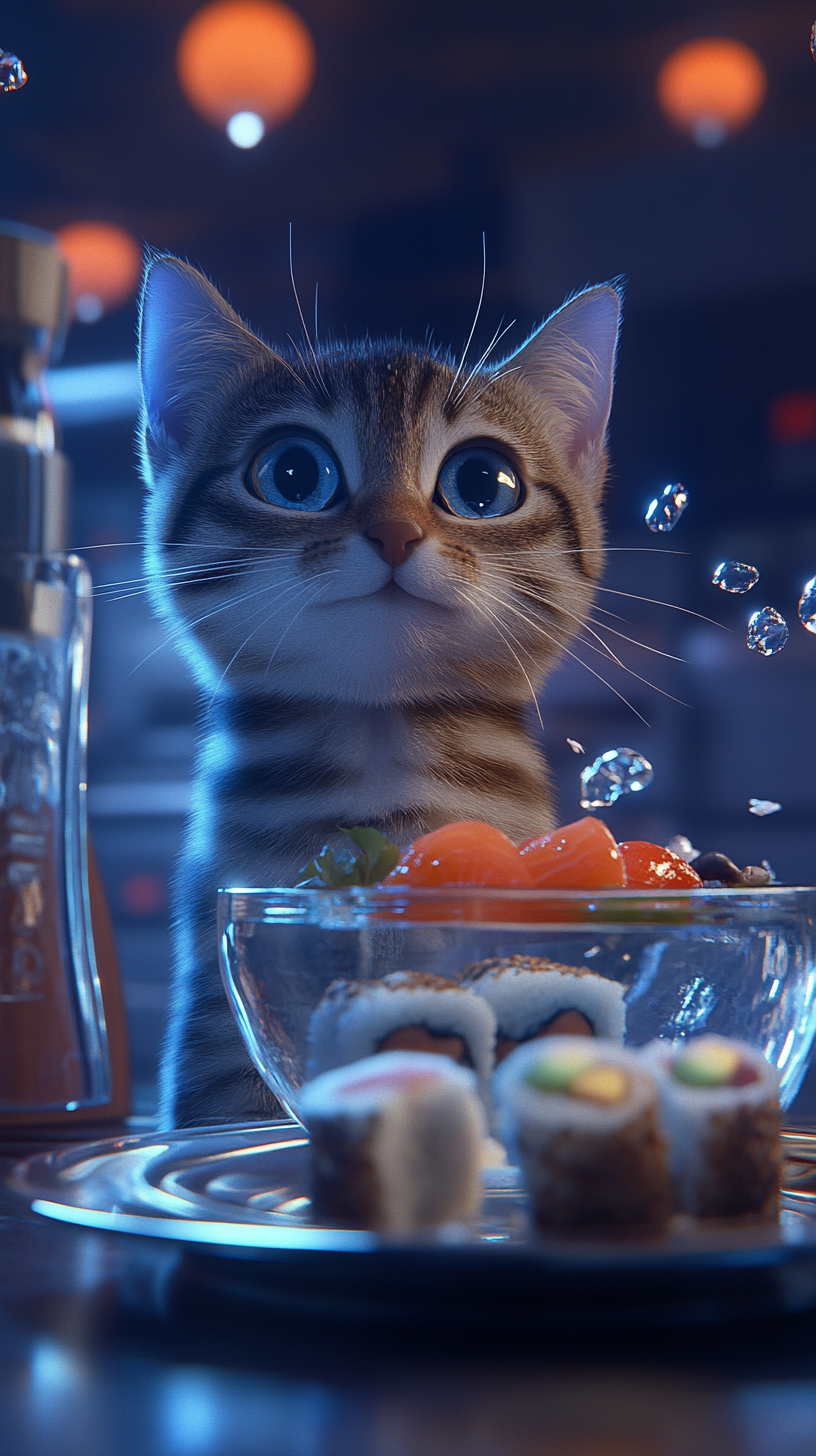 A Silver Tabby Cat Watching Magical Sushi