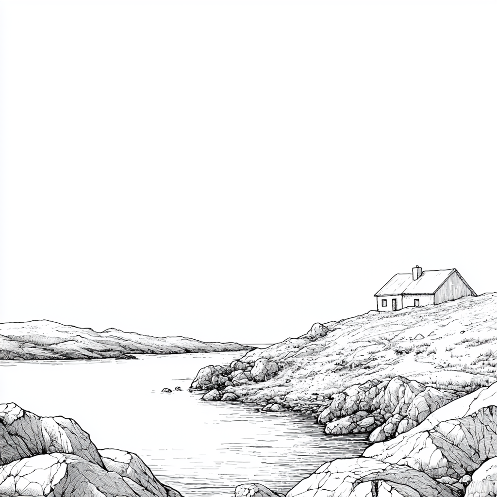 Illustration of a Simple House by Rocky River Bank. Coloring Book