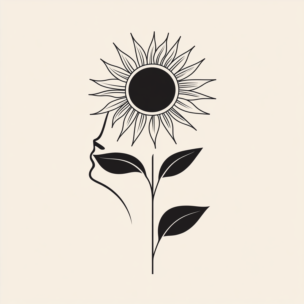 A Simple Logo of Woman with Sunflower and Sun