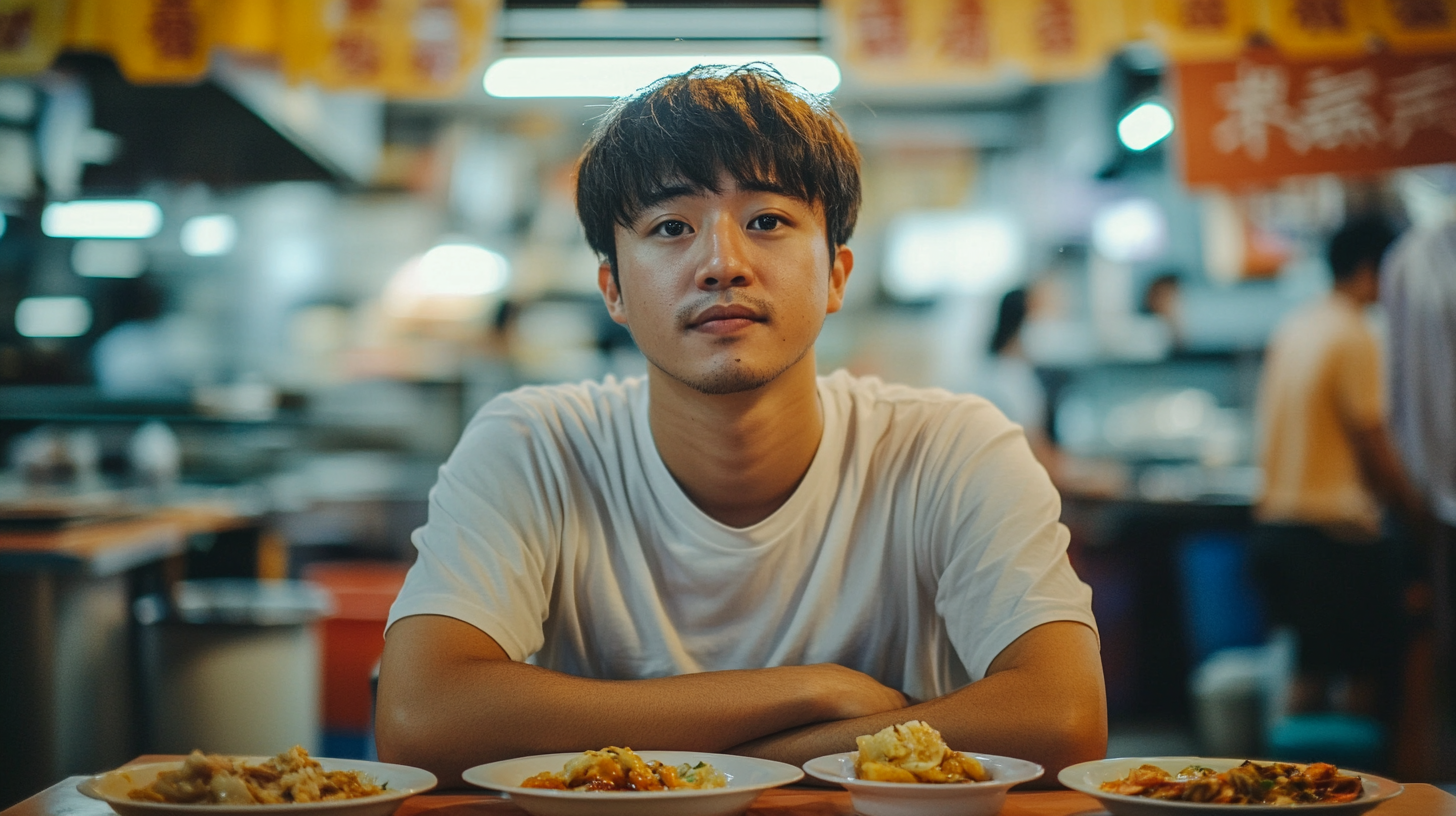 A Singaporean Man Sitting on Table with Food