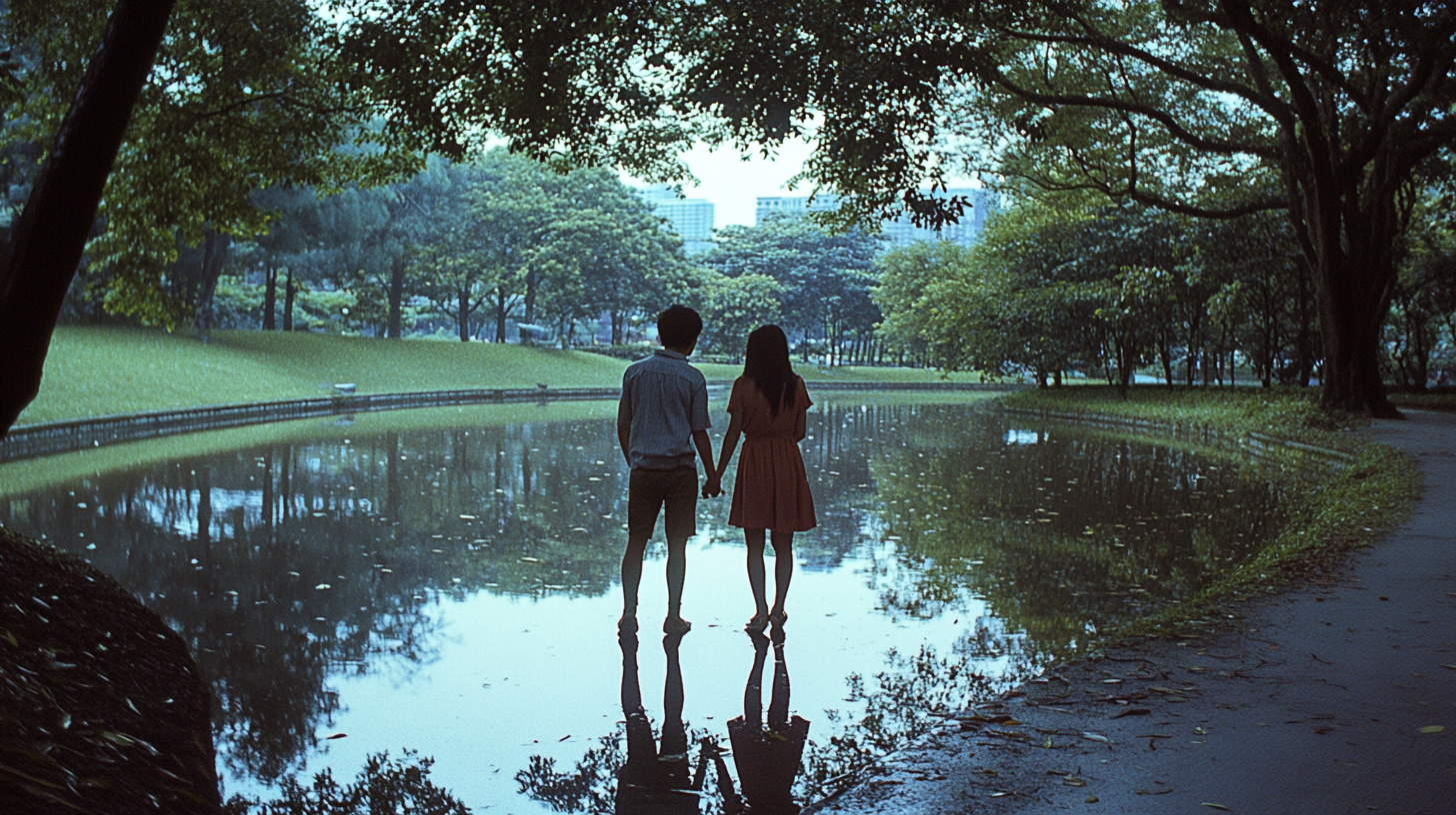 A Singaporean couple holding hands in the park