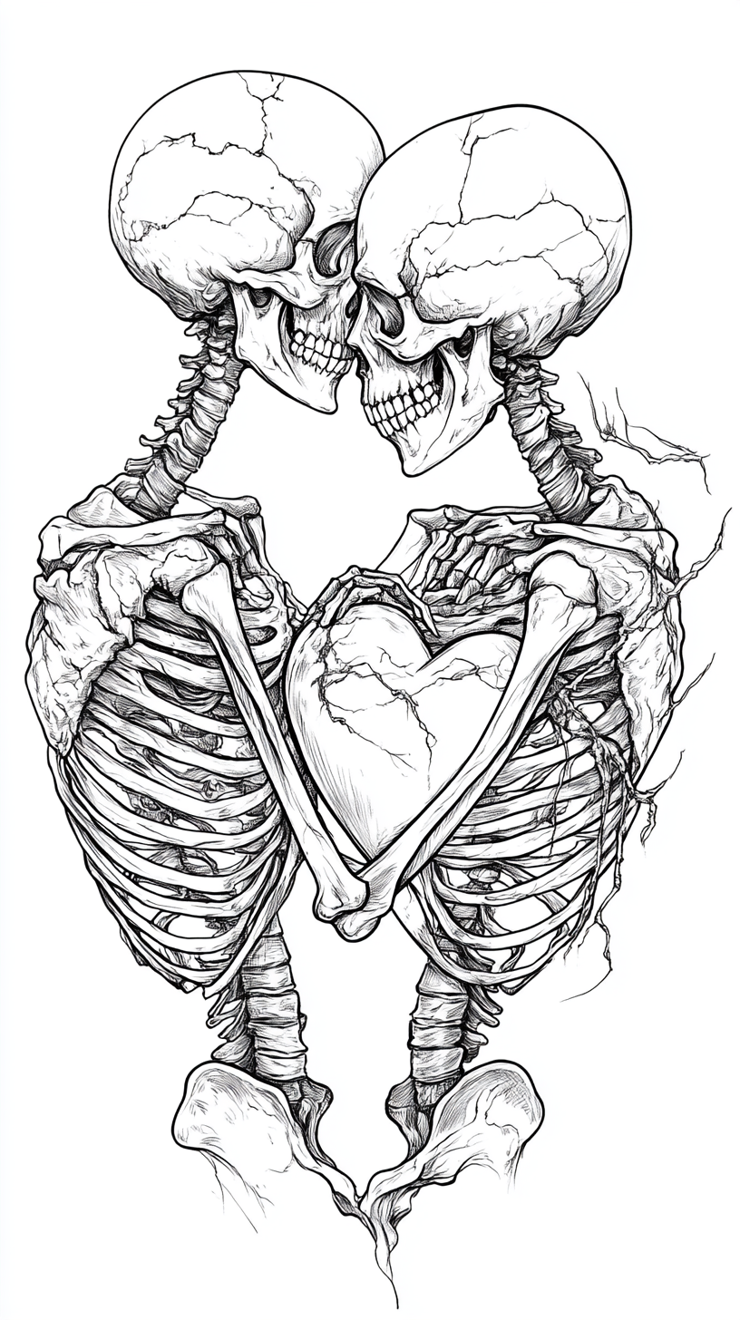 A Skeleton Couple Hugging and Holding Heart Illustration