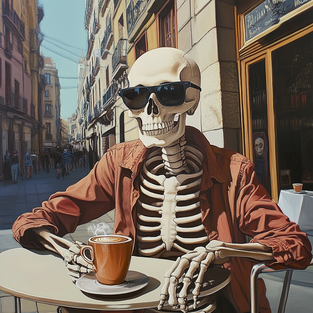 A Skeleton Enjoying Coffee at Madrid Street Cafe