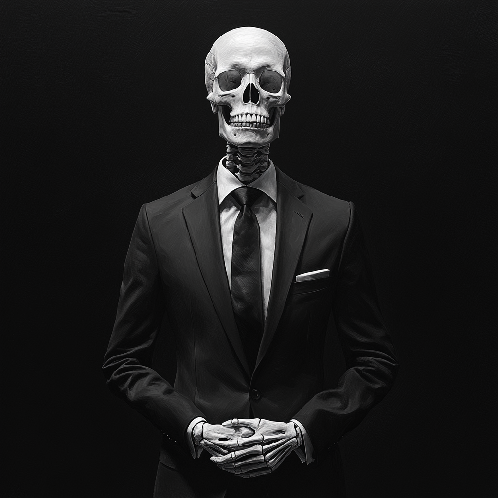 A Skeleton in Suit Standing at Angle