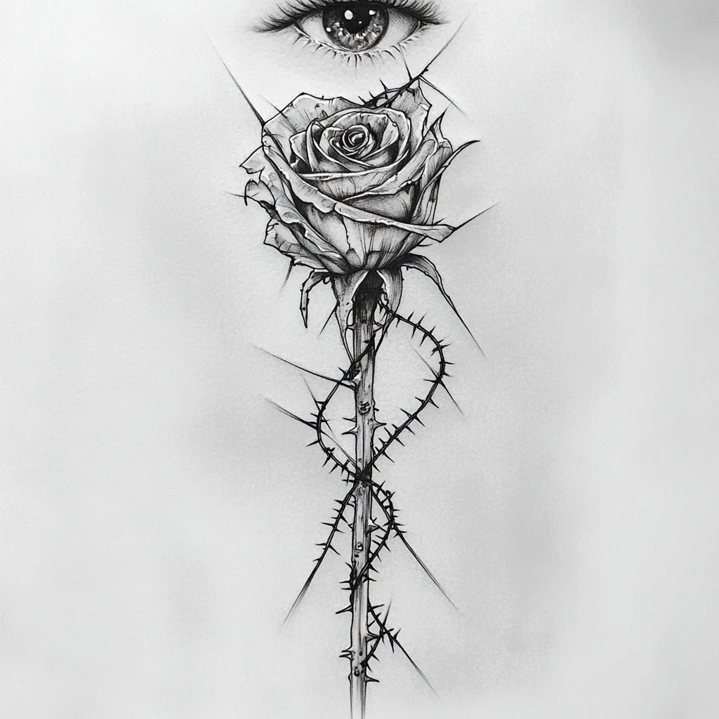 A Sketch of Rose with Barb Wire Tattoo Idea