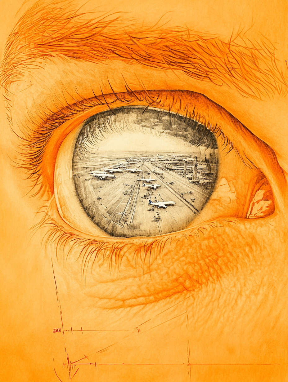 A Sketch of a Man's Eye with Airport View 