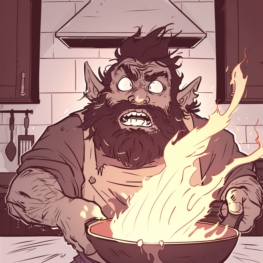 A Skinny Half-Orc Chef panics in kitchen fire.