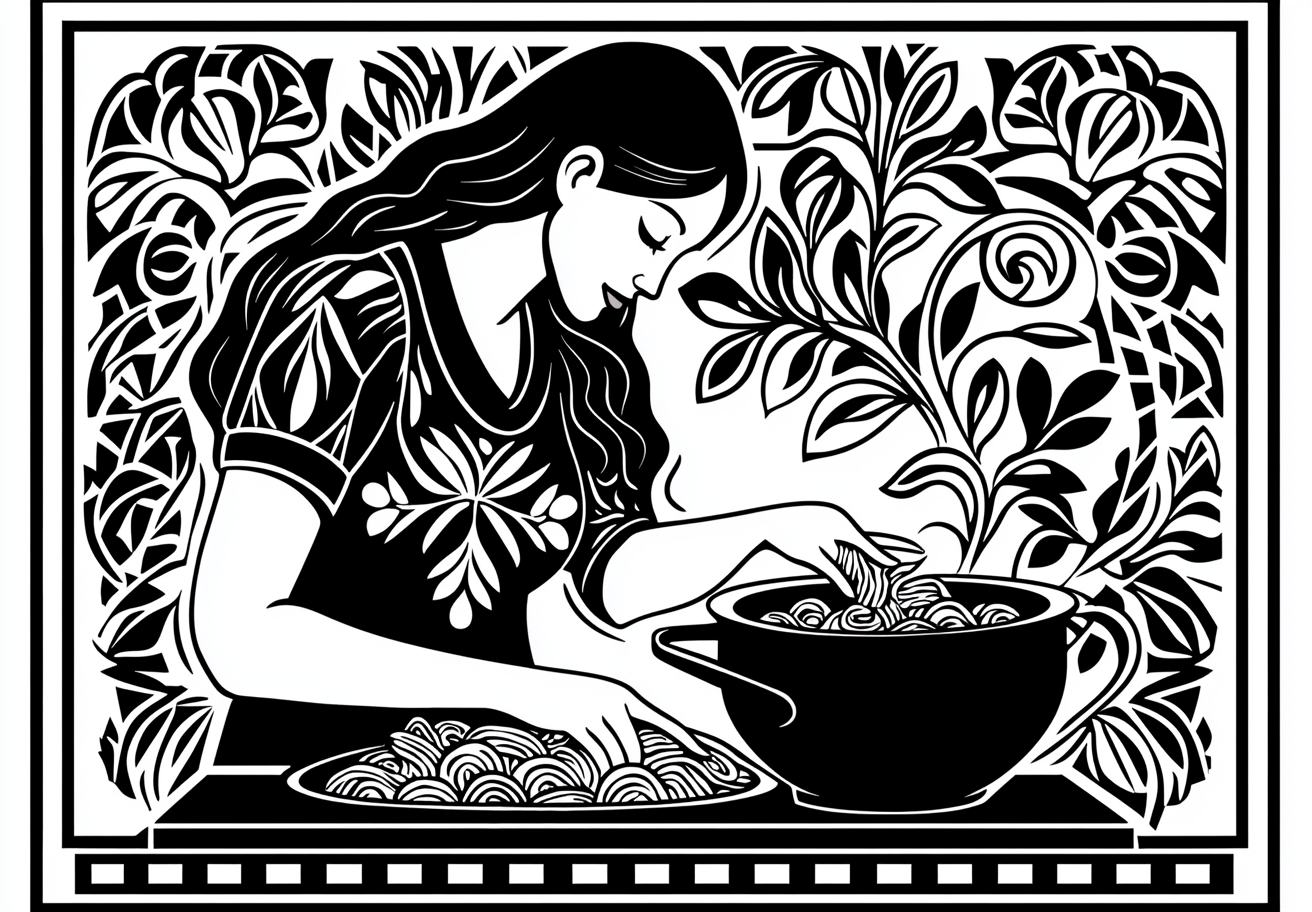 A Slavic Woman Cooks Orecchiette with Roman Patterns