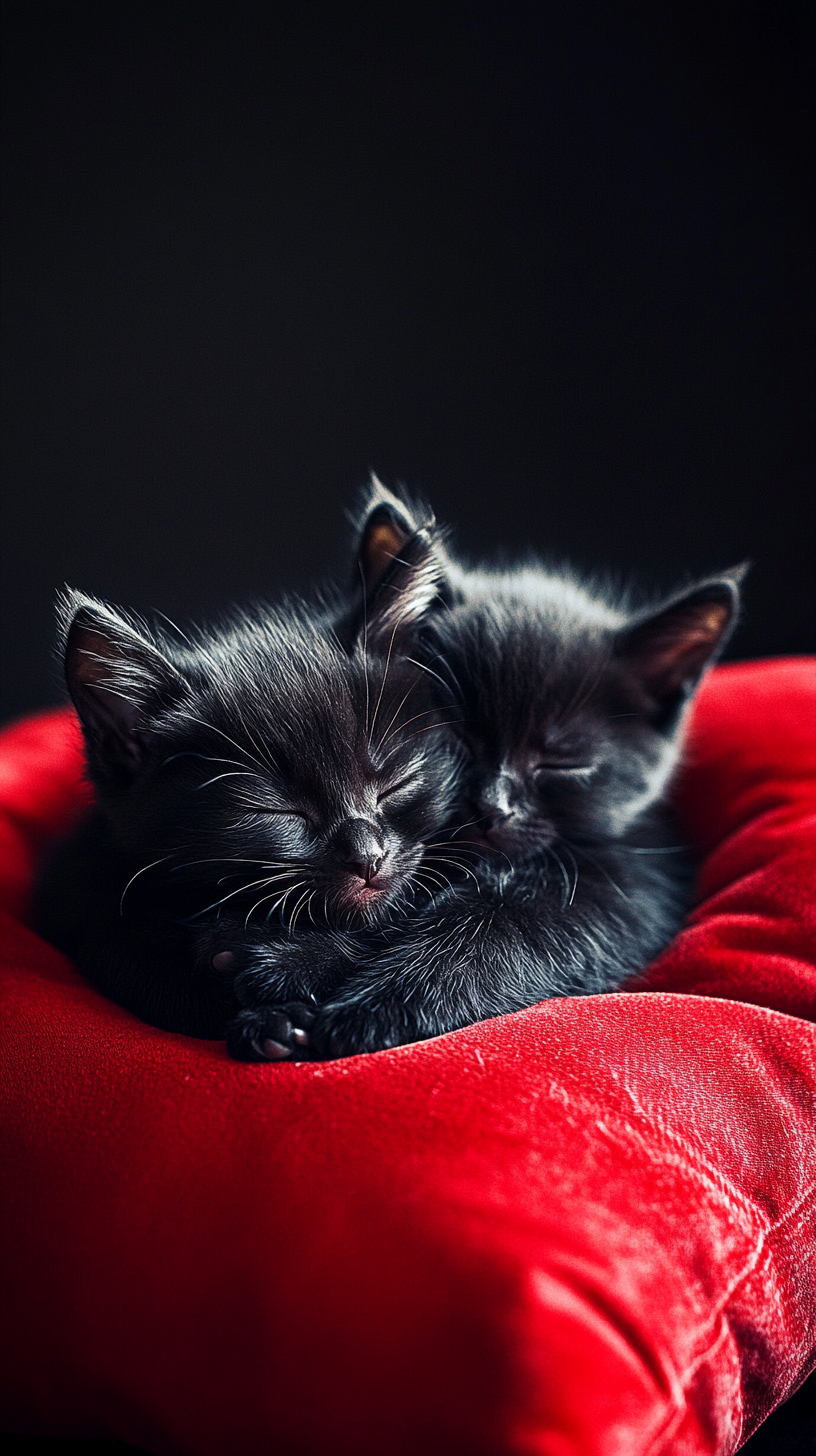 A Sleepy Black Kittens on Red Pillow