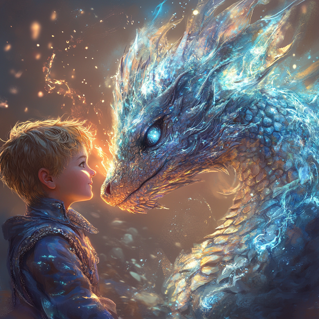 A Small Dragon Playing with Golden-haired Boy