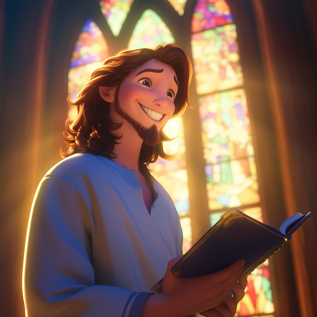 A Smiling Animated Jesus with Bible in Church