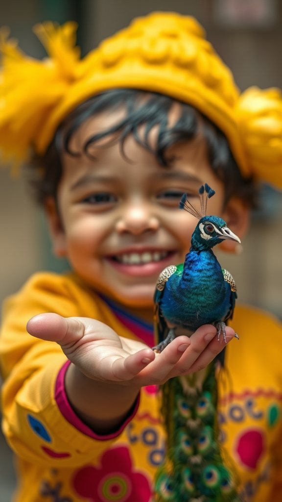 A Smiling Asian Child Holds Tiny Peacock