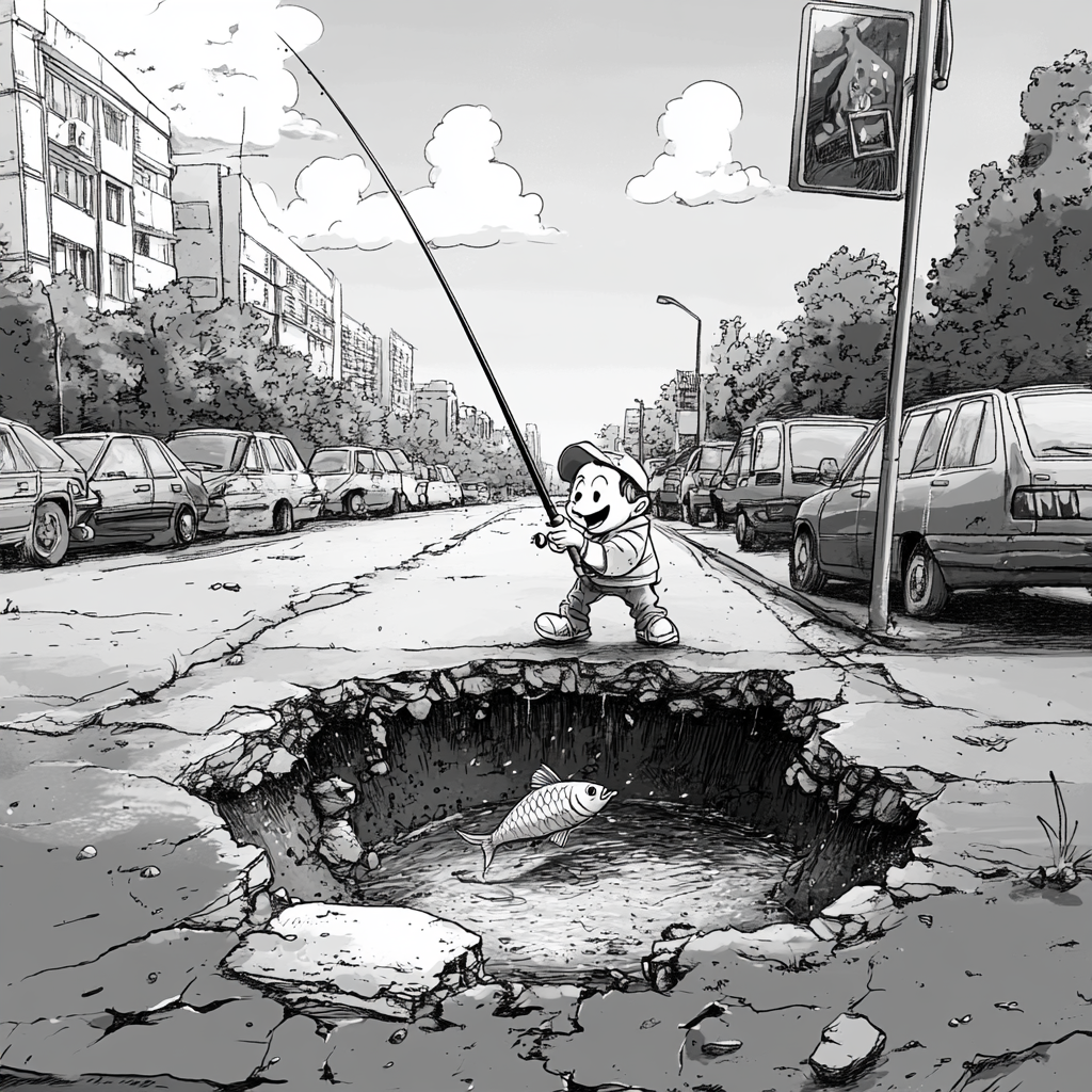 A Smiling Character Fishing in Pothole on Road