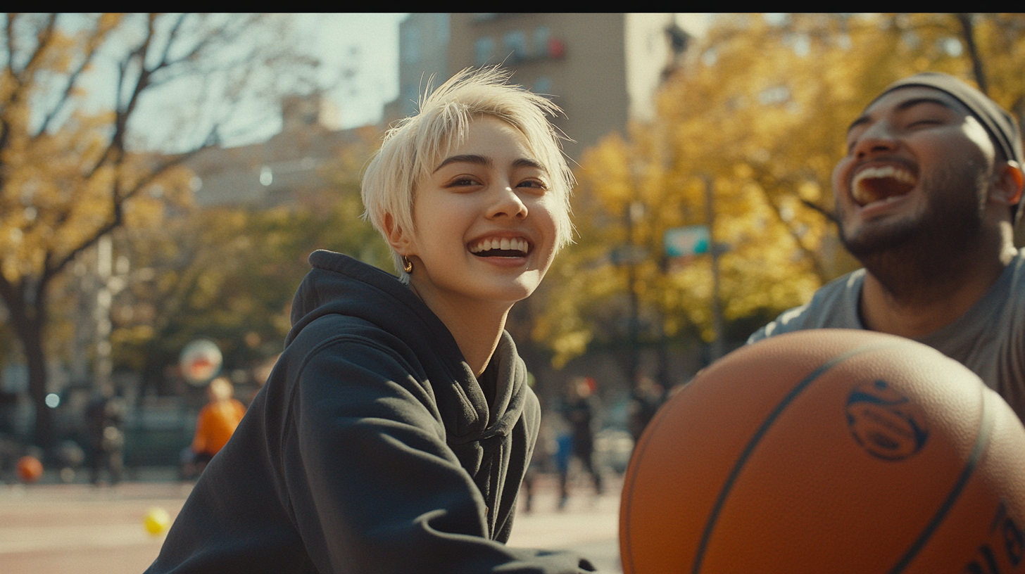 A Smiling Chinese Girl Playing Basketball Outdoors