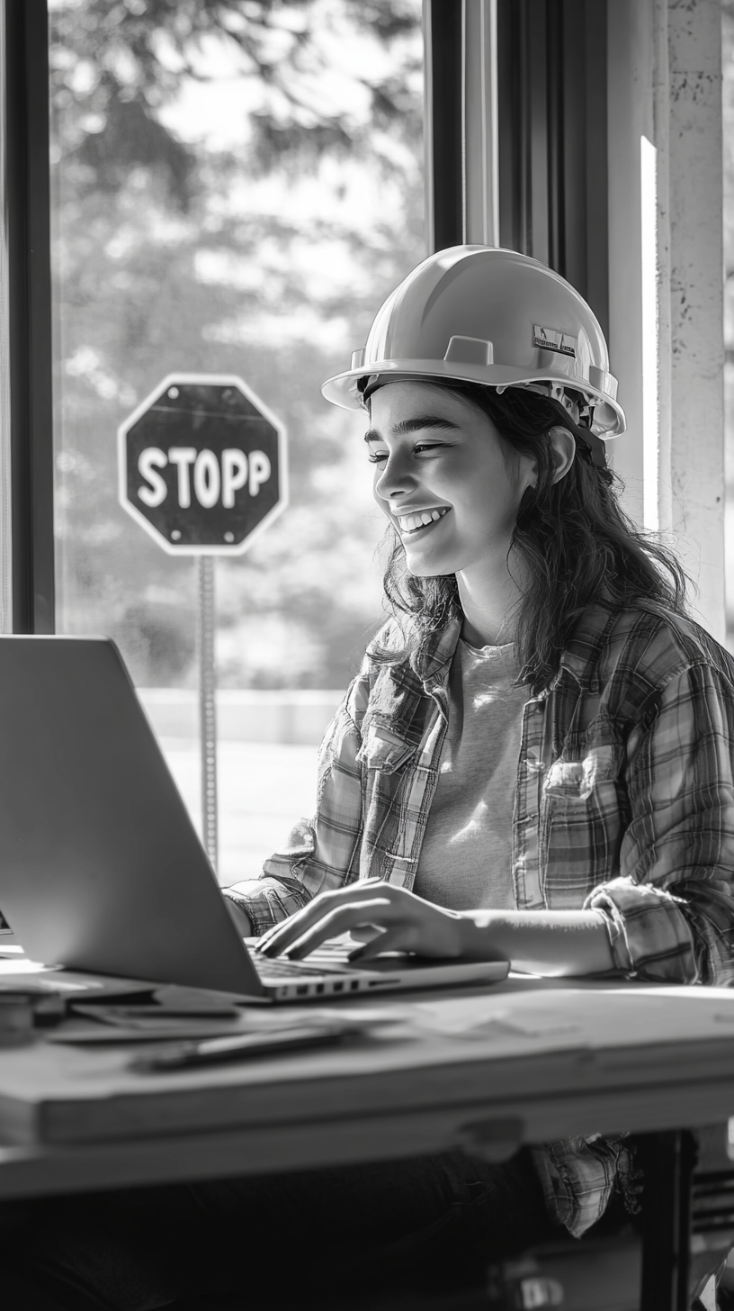 A Smiling Construction Worker Working From Home