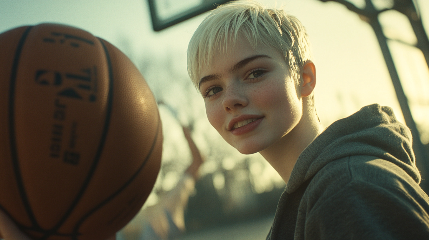 A Smiling Girl Basketball Player in Morning Sunlight