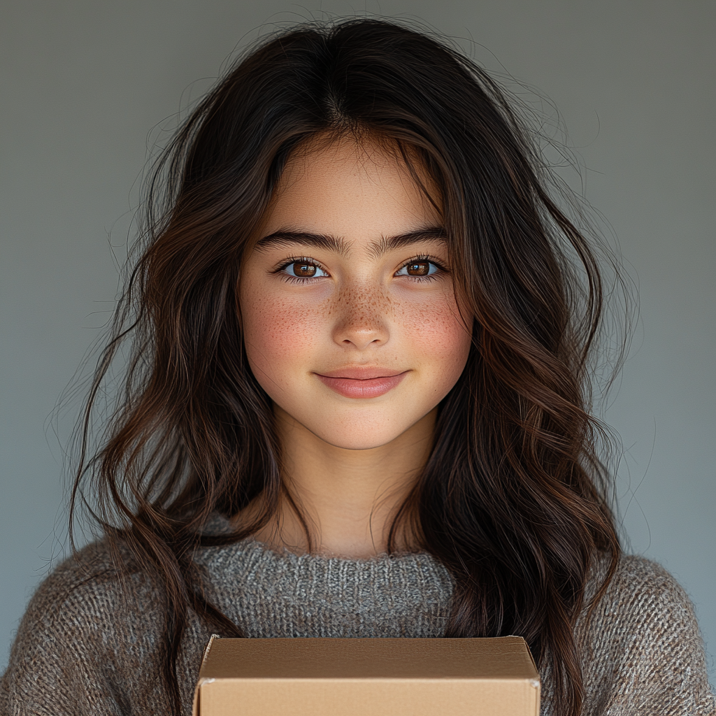 A Smiling Girl Holding Box in Studio Portrait