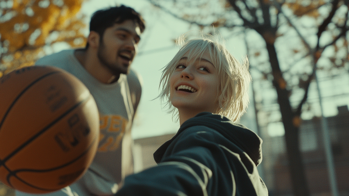 A Smiling Girl Playing Basketball Outdoors