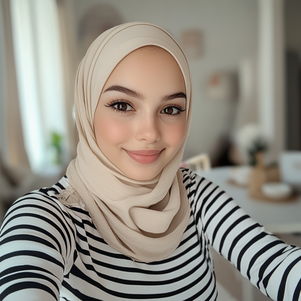 A Smiling Hijabi Girl Taking Selfie at Table