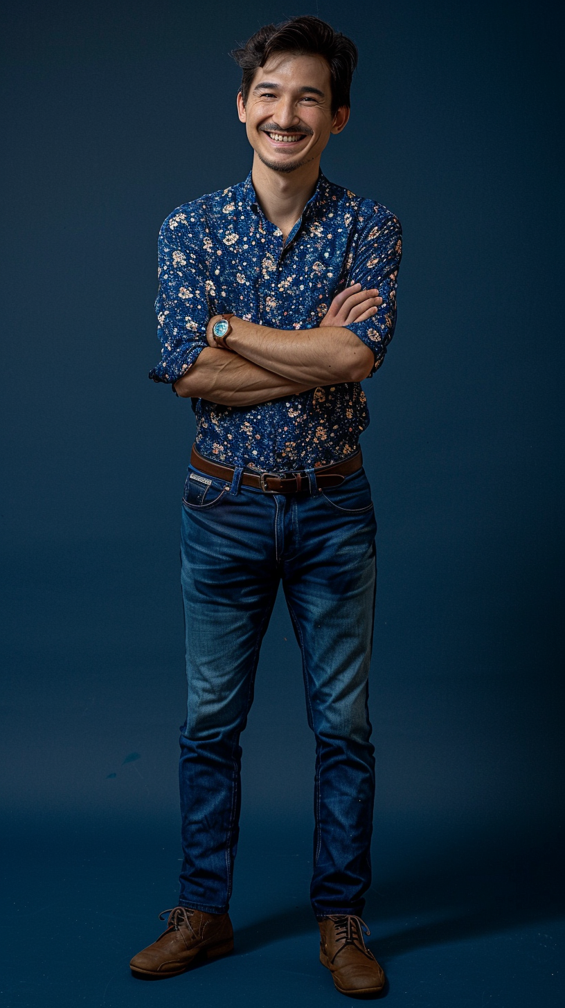 A Smiling Man Folding Arms, Navy Background