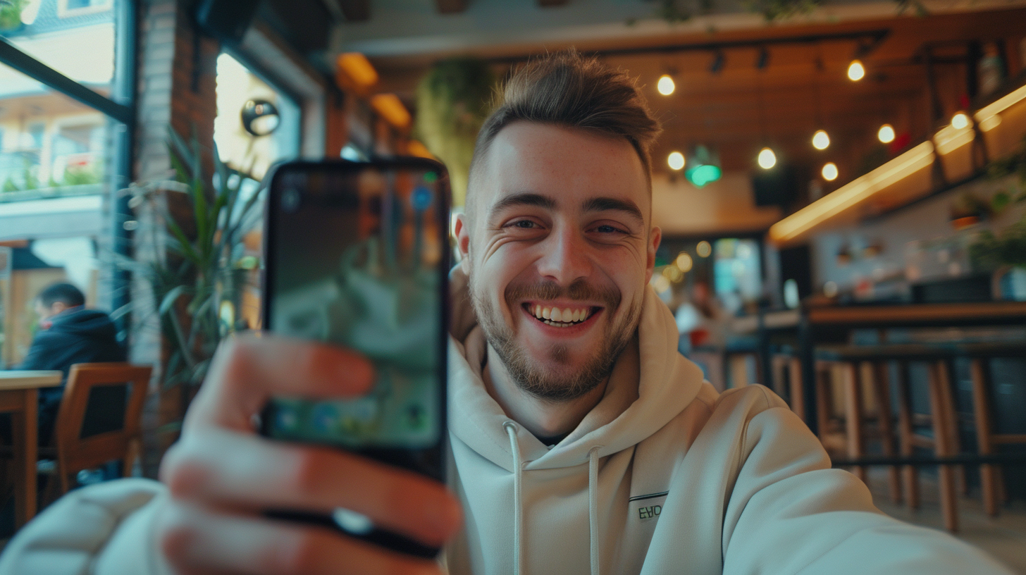 A Smiling Man Showing Excitement with Smartphone