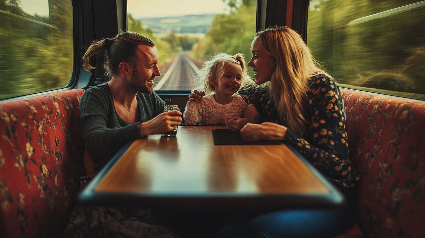 A Smiling UK Family on Modern Train Journey