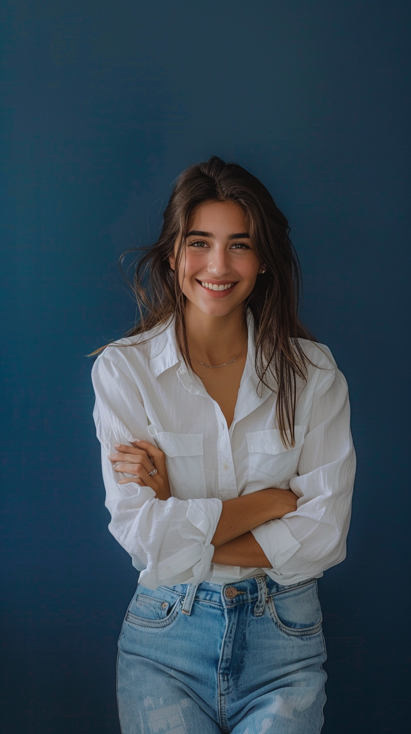 A Smiling Woman in White Shirt and Jeans