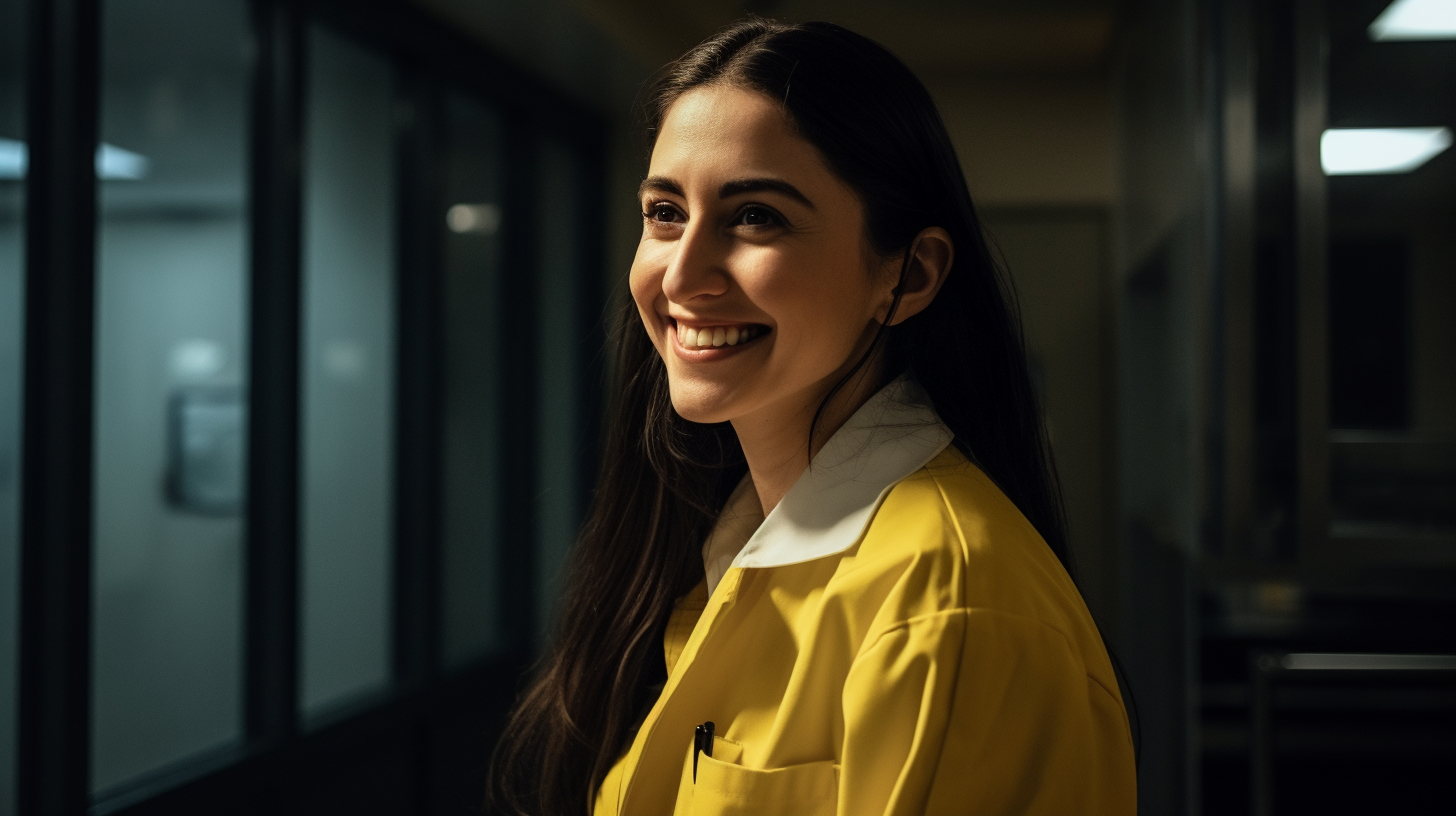 A Smiling Woman in Yellow Lab Coat in Upscale Bathroom