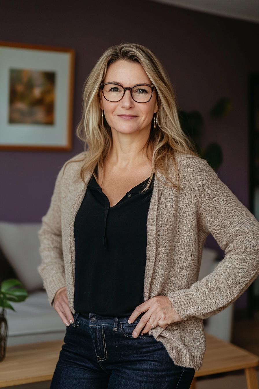 A Smiling Woman in a Modern Living Room