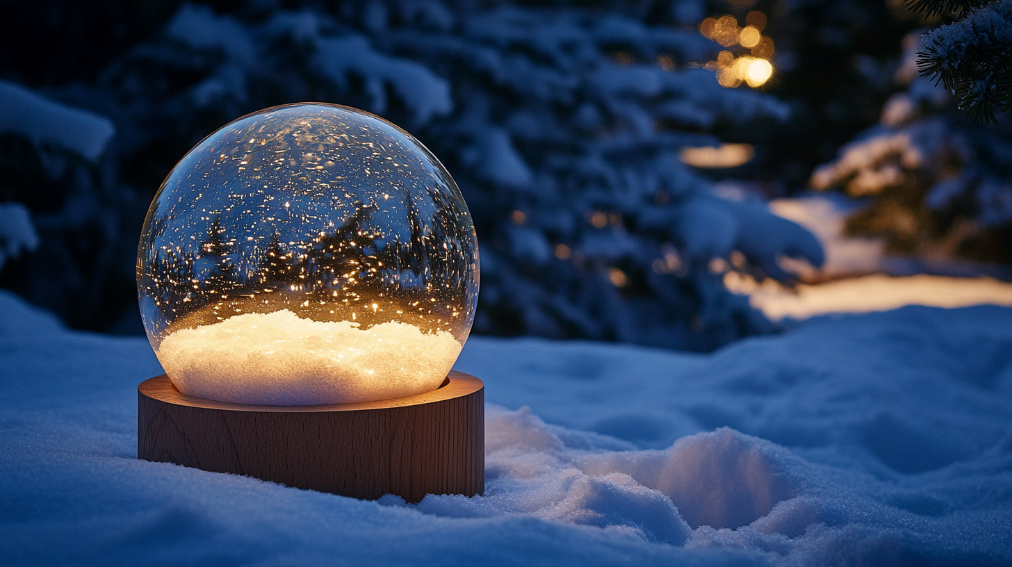 A Snow Globe in a Pine Forest at Night