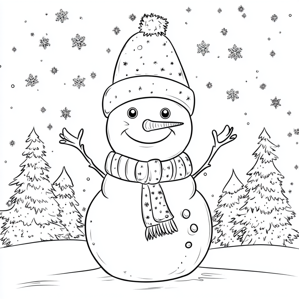 A Snowman in Christmas Hat and Scarf to Color.