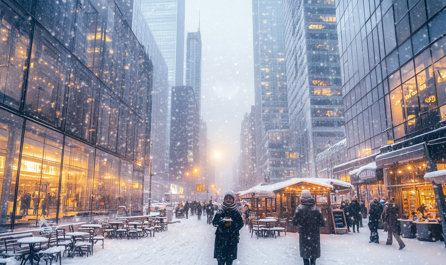 A Snowy City Night without People