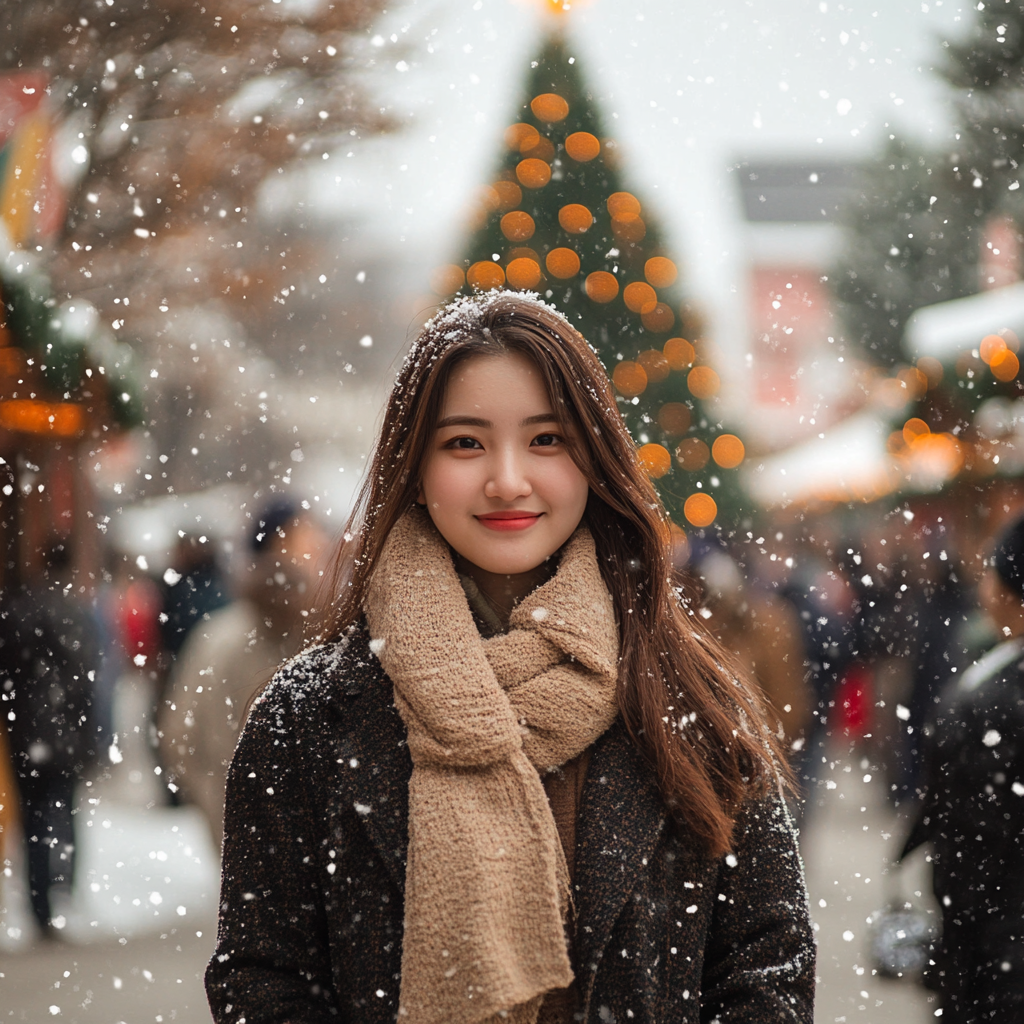 A Snowy European Town Festival with Christmas Decorations