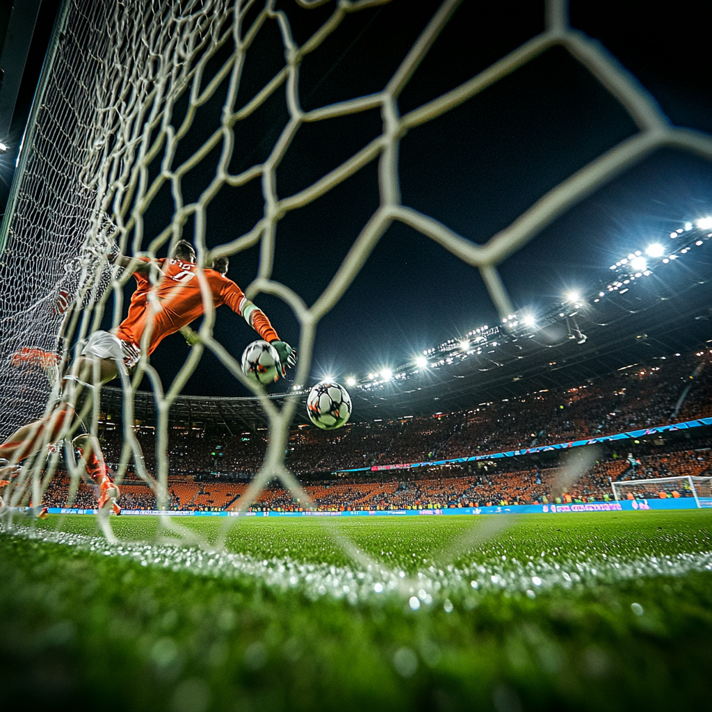 A Soccer Goalkeeper Diving to Defend the Goal