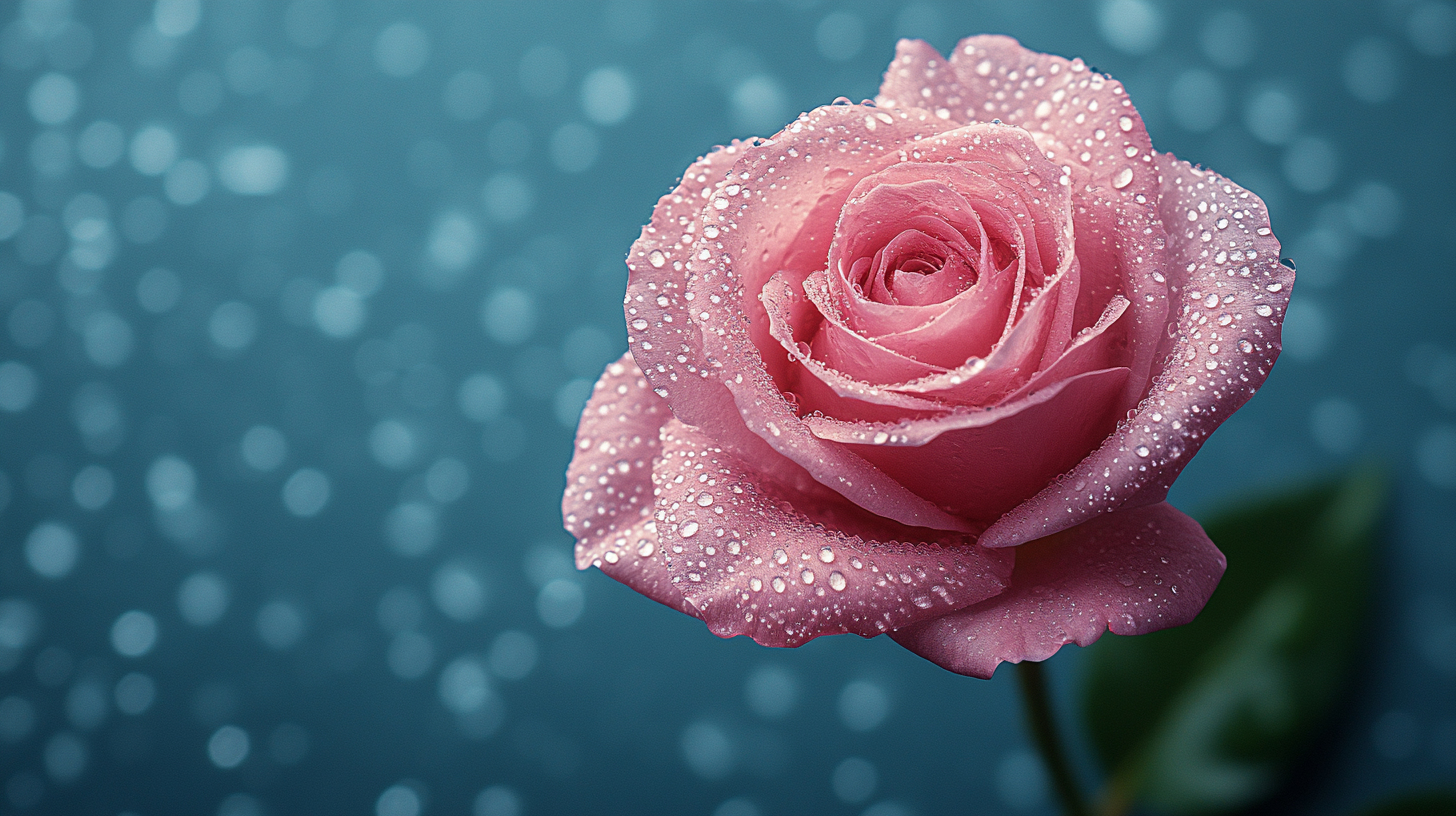 Rose on Blue Surface with Droplets