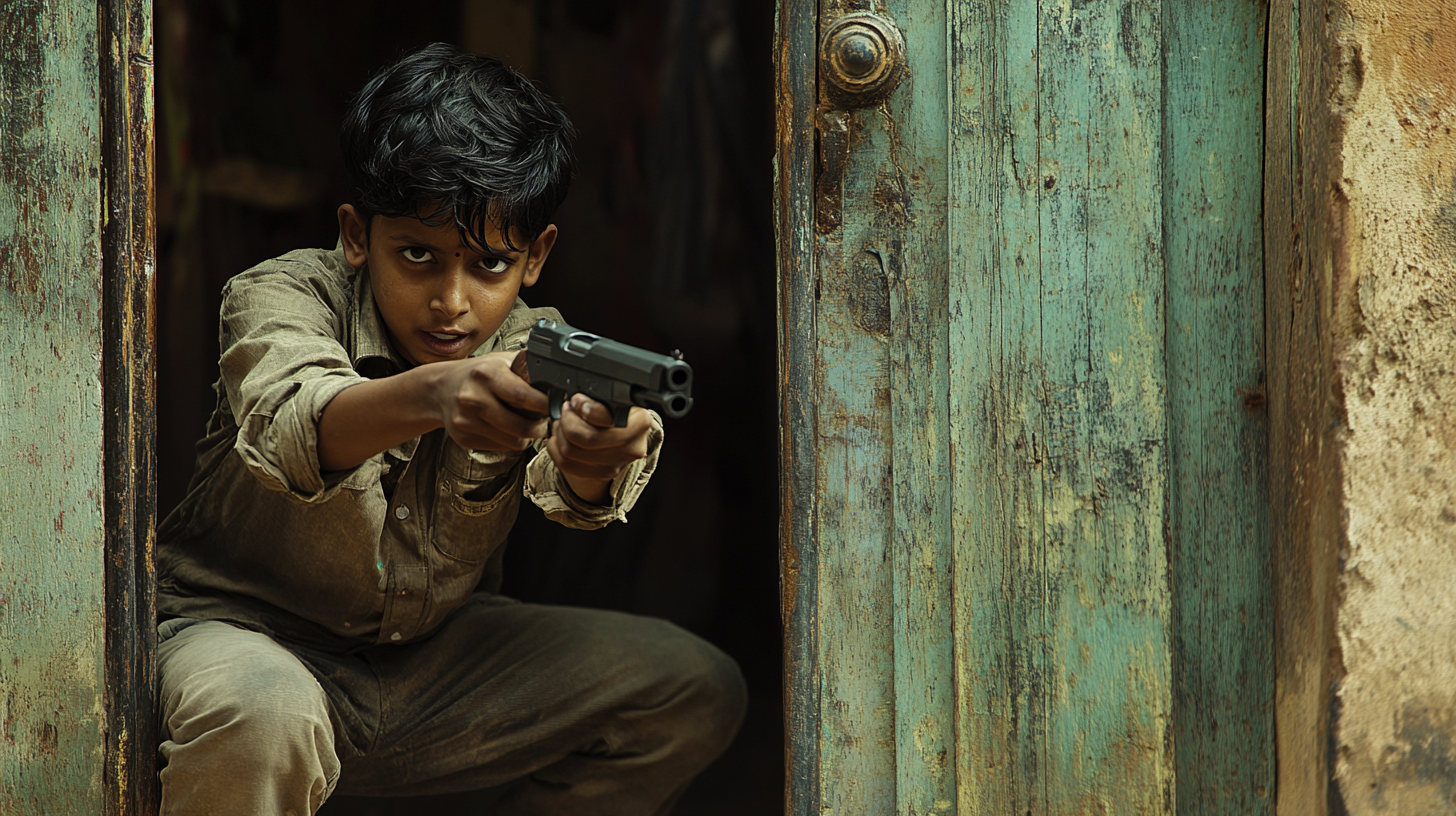 A South Indian boy aims gun intently, hiding.