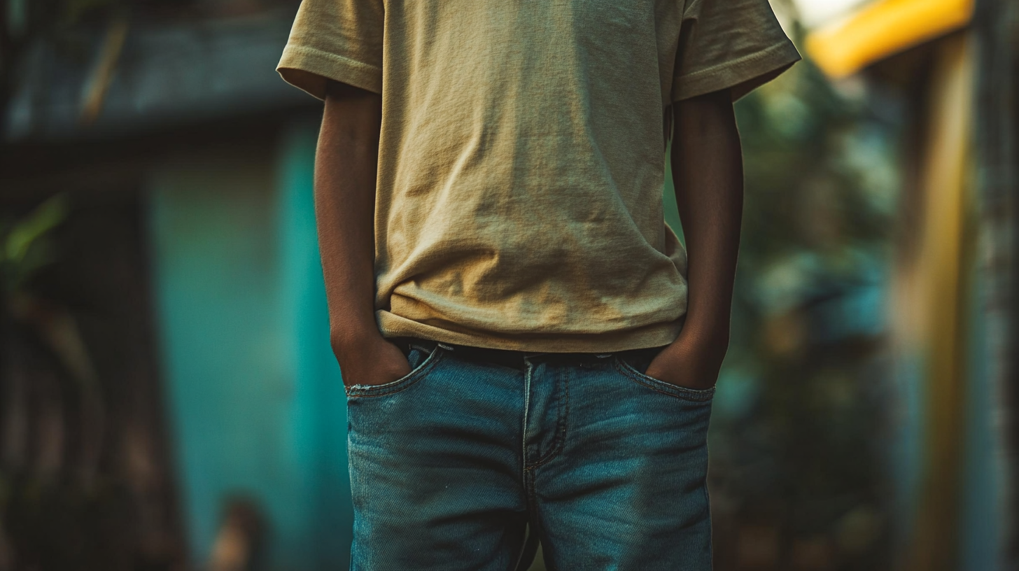 A South Indian boy in denim pant.