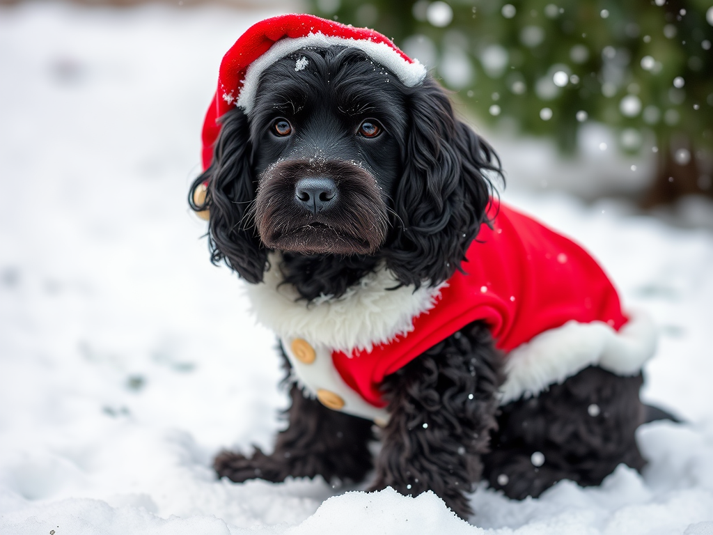 A Spaniel Dog in Santa Costume on Snowy Ground