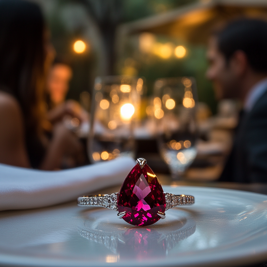 A Sparkling Ruby Engagement Ring at Romantic Dinner