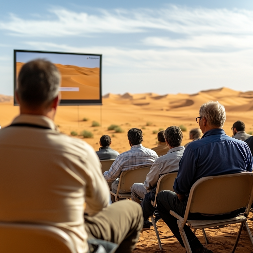 A Speaker Presenting in Sahara Desert with Audience