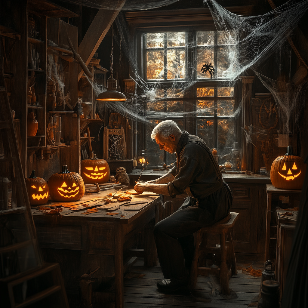 A Spooky Carpenter Making Halloween Decorations